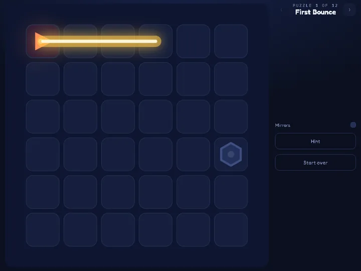 Beamwright puzzle one: a glowing amber beam fired from an emitter across a dark grid toward a hexagonal target.