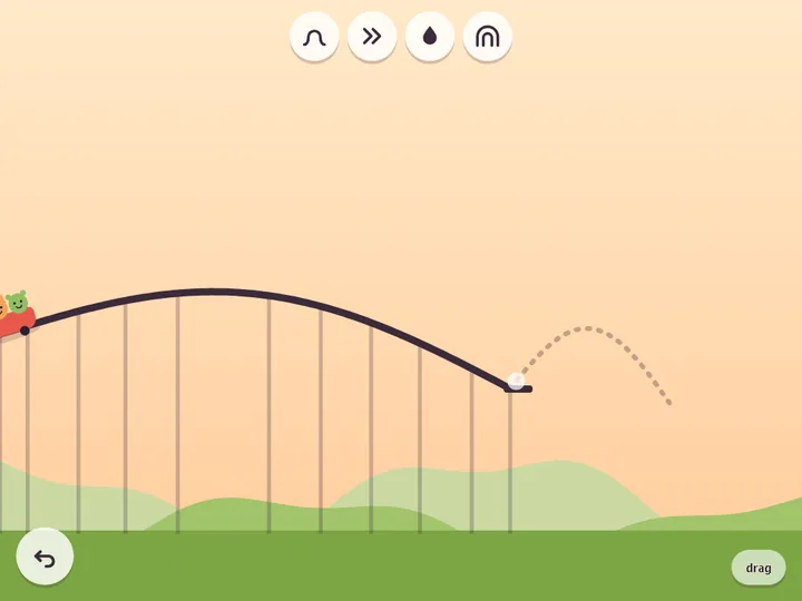 Coaster mid-ride: two green riders cresting a hand-drawn hill, a dotted jump arc sketched ahead over rolling green fields.