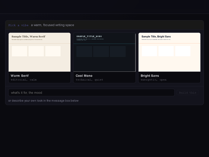 The artifact build flow offering four visual style candidates as thumbnails before any code is written.