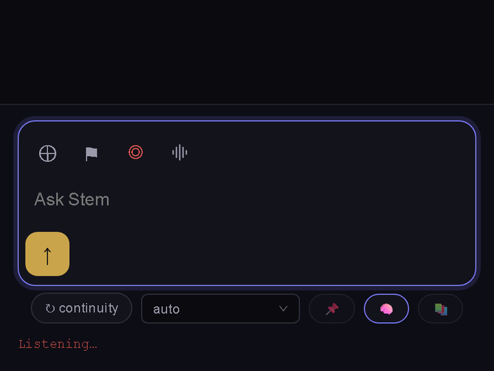 The Stem voice interface mid-conversation with a moving level meter and a transcript line appearing.
