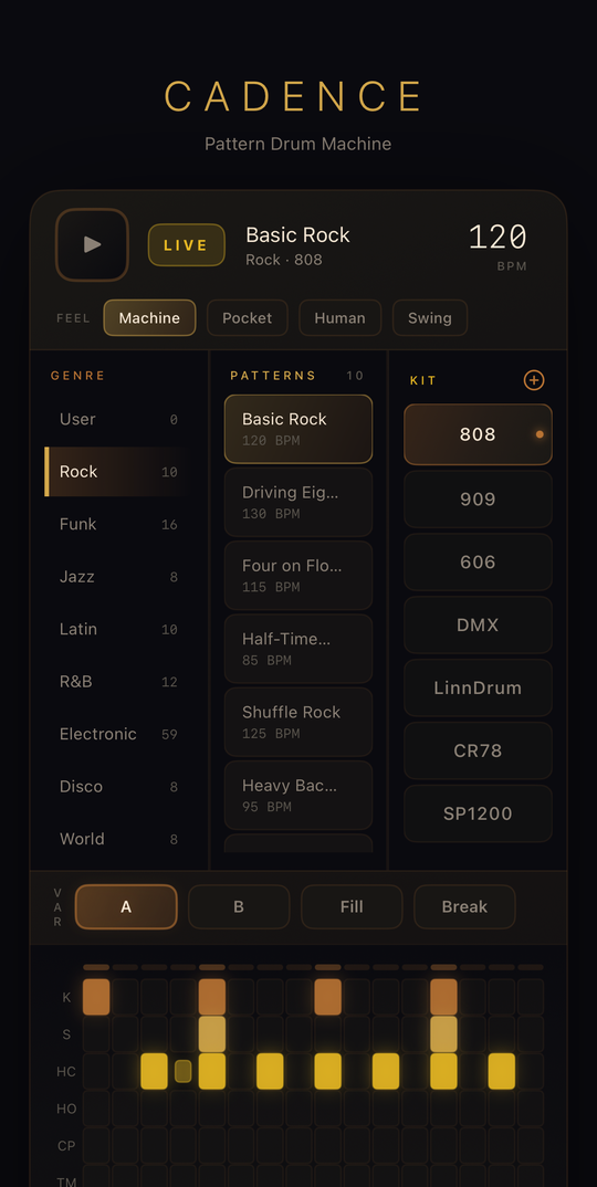 Cadence drum computer interface with pattern grid and transport